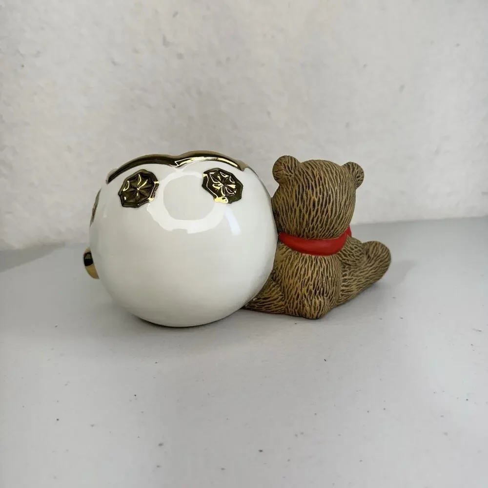 Hand Painted Holiday Christmas Teddy Bear Candy Ornament Plant Pot VTG Ceramic